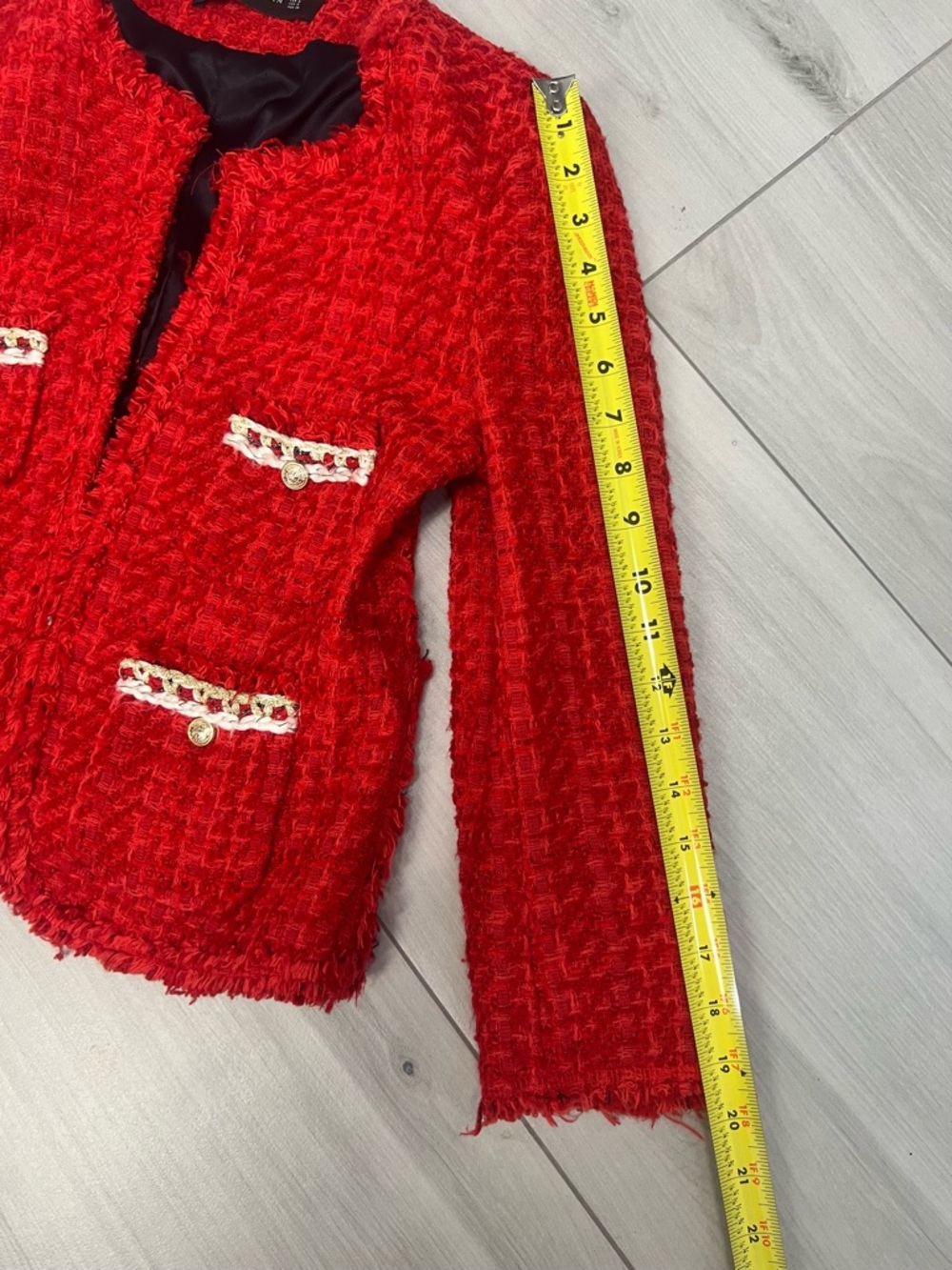 Zara Red Tweed Fantasy Fabric Blazer Jacket A455 Gold Buttons Sz S French Girl - Picture 9 of 10